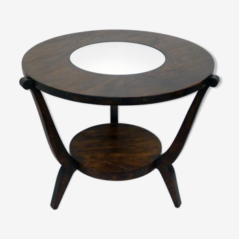 Table basse ronde Art Déco bois foncé & miroir