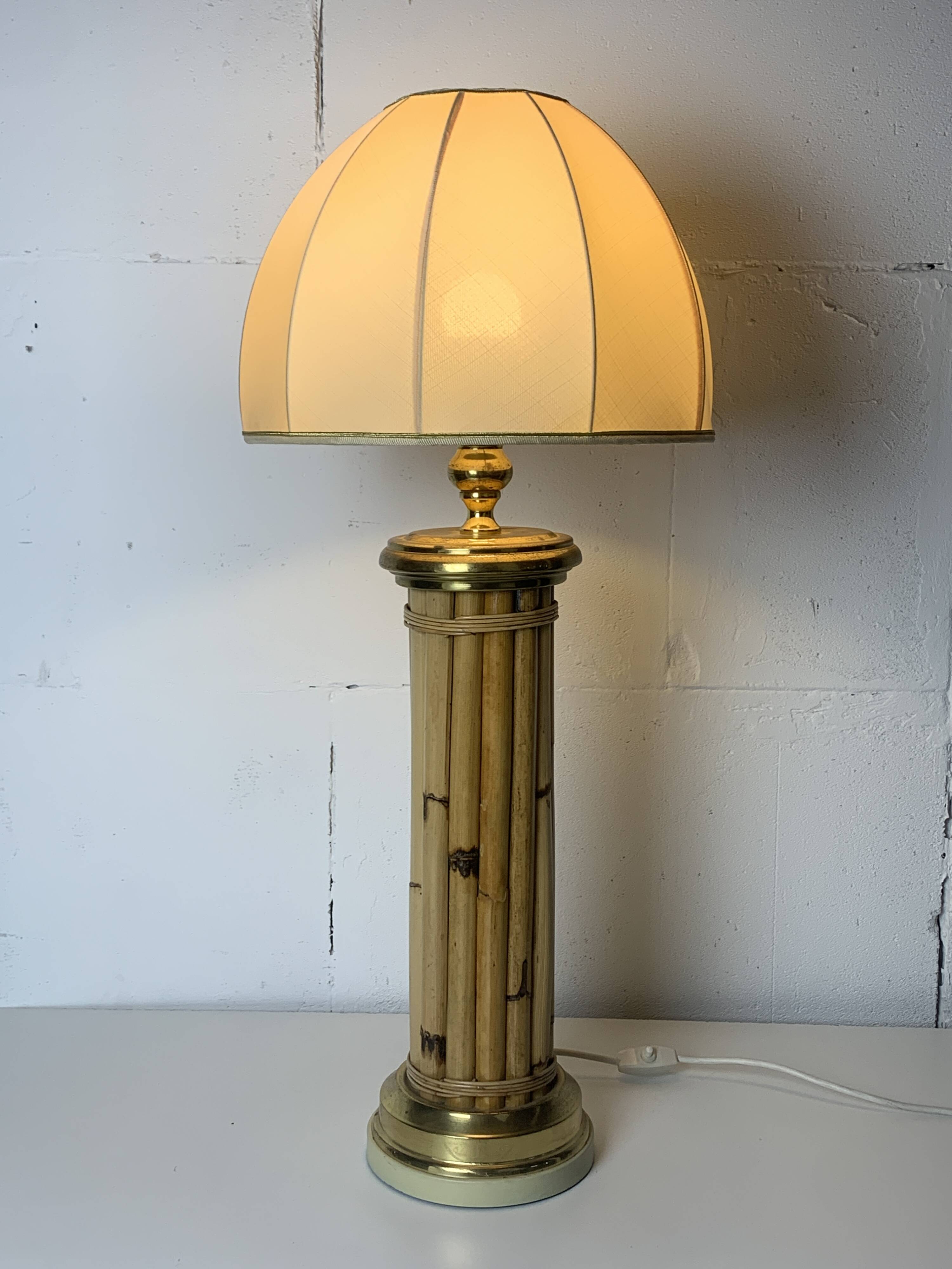 Midcentury bamboo and brass large mushroom table lamp by Leola, 1960s