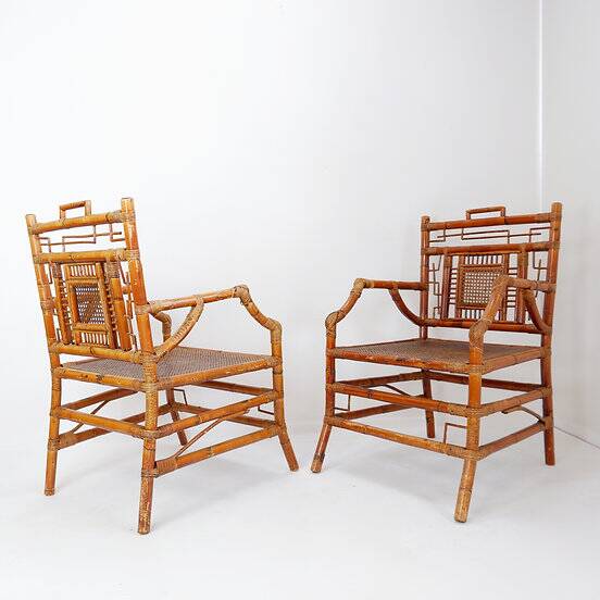 Pair of Asian style bamboo armchairs - France circa 1962