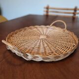 Plateau rond en osier tressé vintage