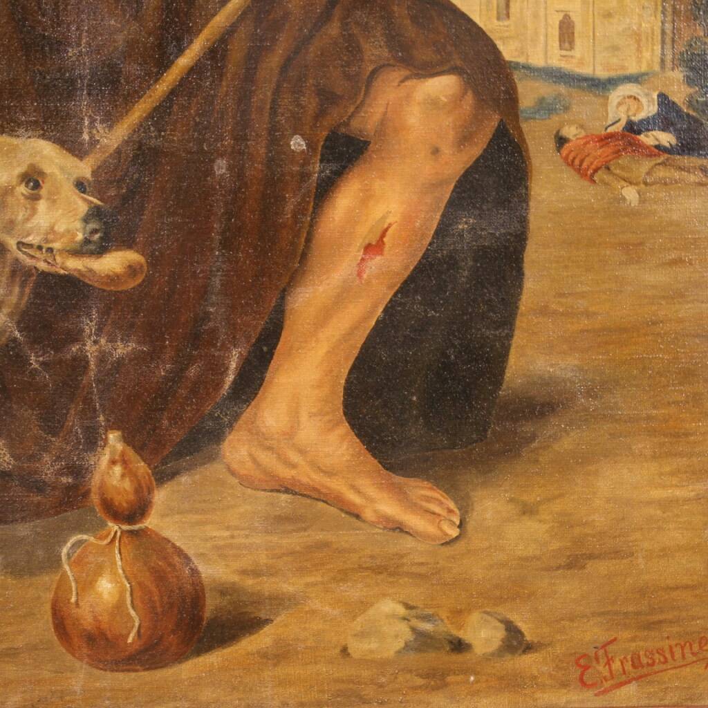 Tableau religieux huile sur toile Saint Roch du XXème siècle