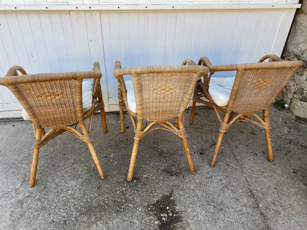 Set of 3 vintage rattan and wicker armchairs