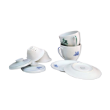 Two tea cups with lids, saucers, filters, porcelain Singer France limoges