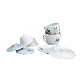 Two tea cups with lids, saucers, filters, porcelain Singer France limoges
