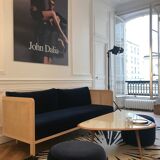 Sofa canage 210 light wood, navy blue velvet