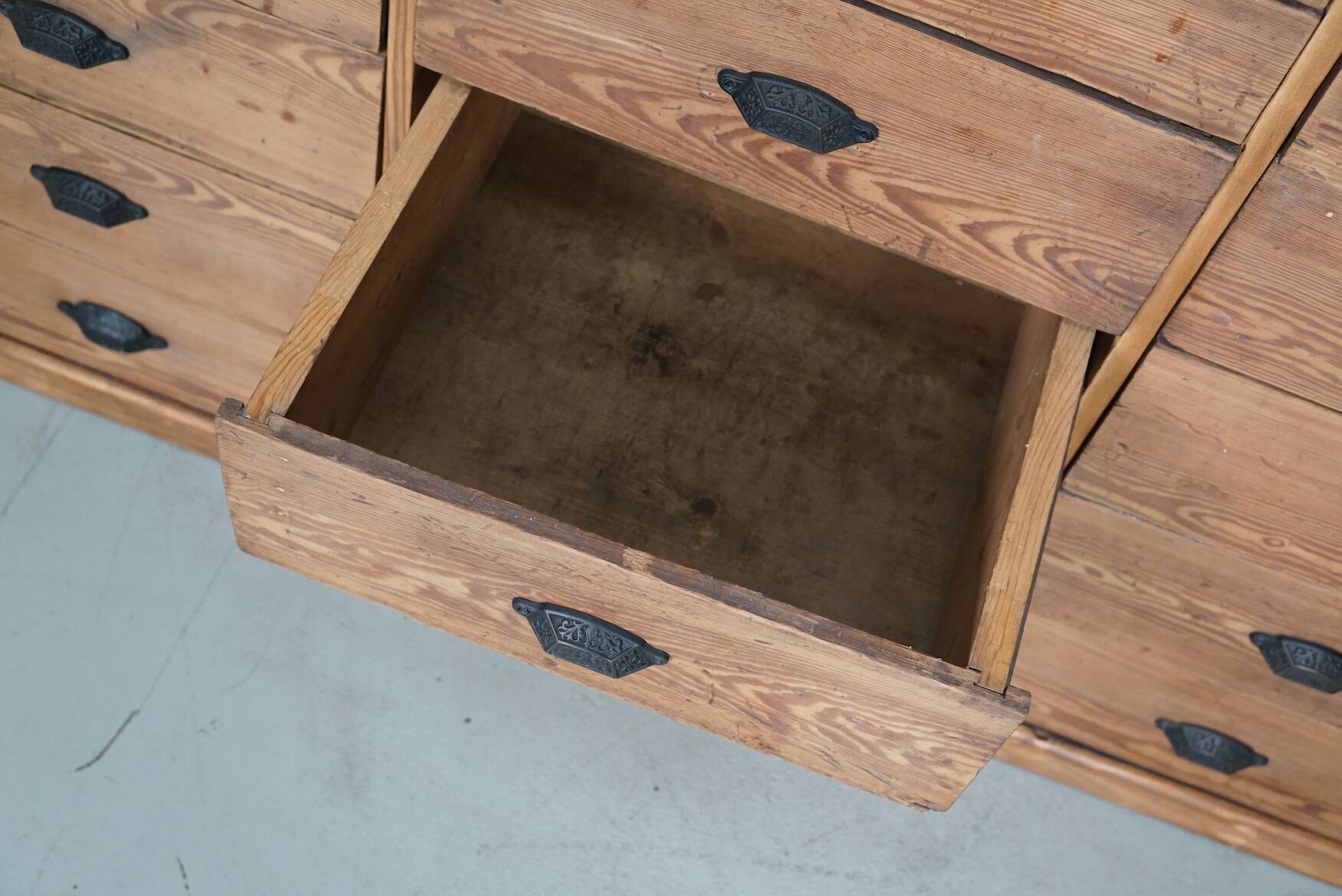 Antique Rustic German Pine Apothecary Cabinet / Bank of Drawers, 1900s