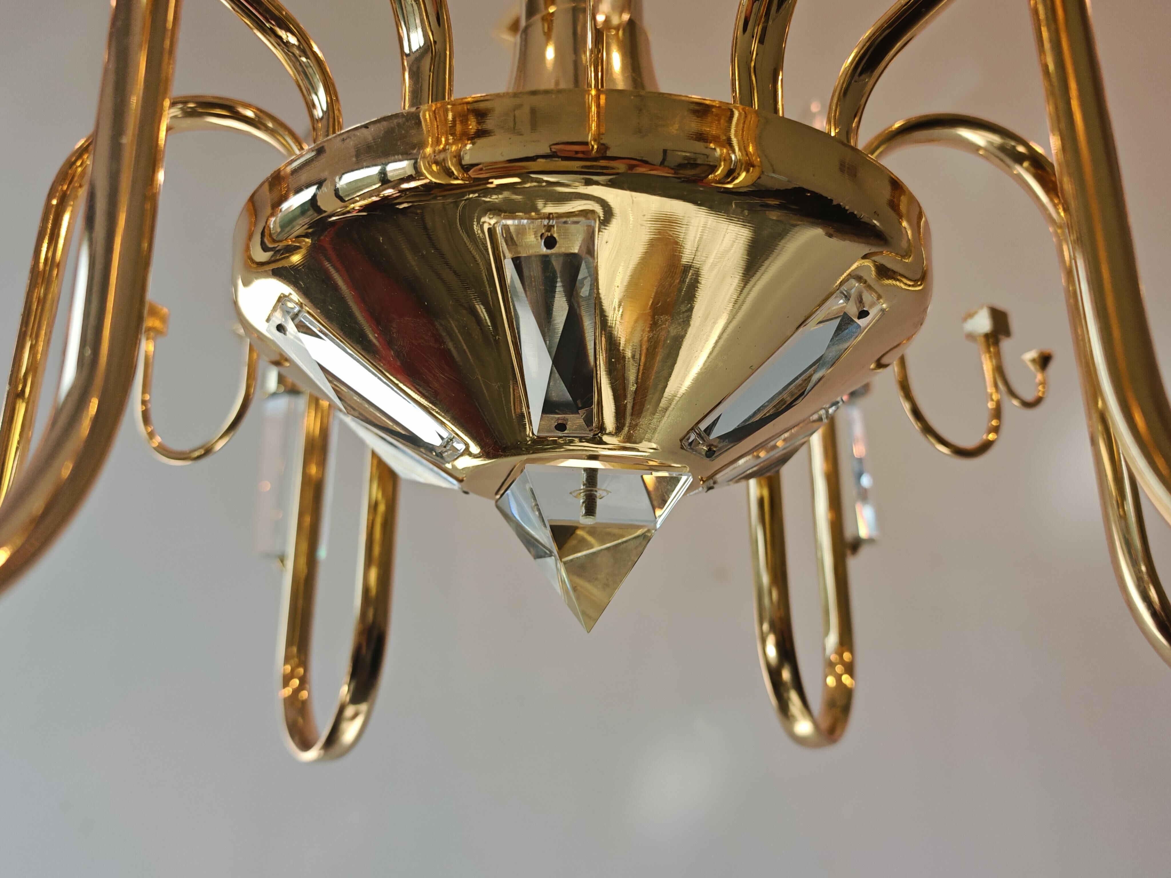 Crystal and gilded brass chandelier Mid Century 1970s