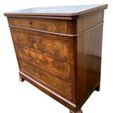 Antique Louis Philippe style chest of drawers with a white marble top.