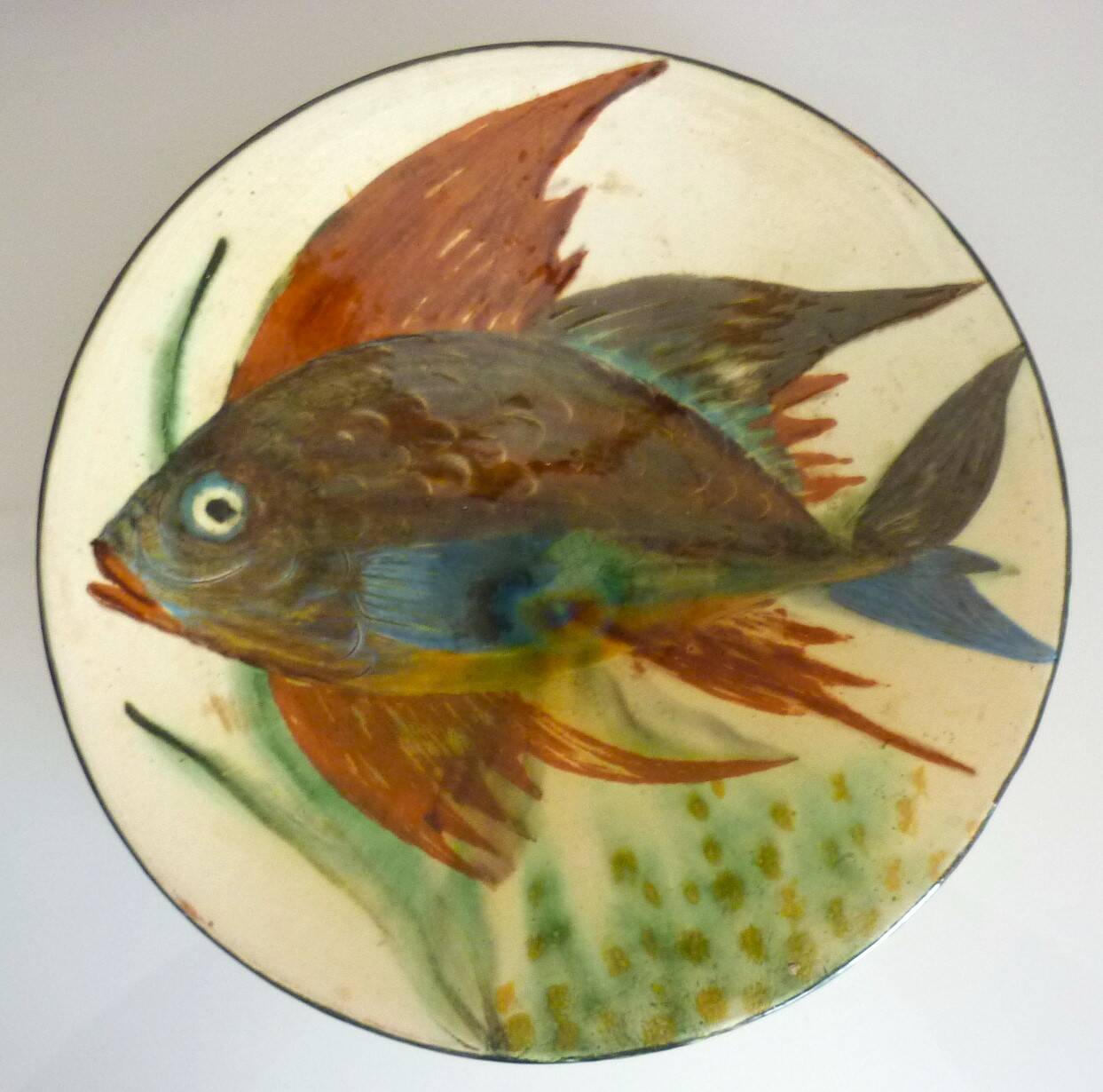 Ceramic dish, enameled terracotta, signed Puigdemont, 1960s, fish