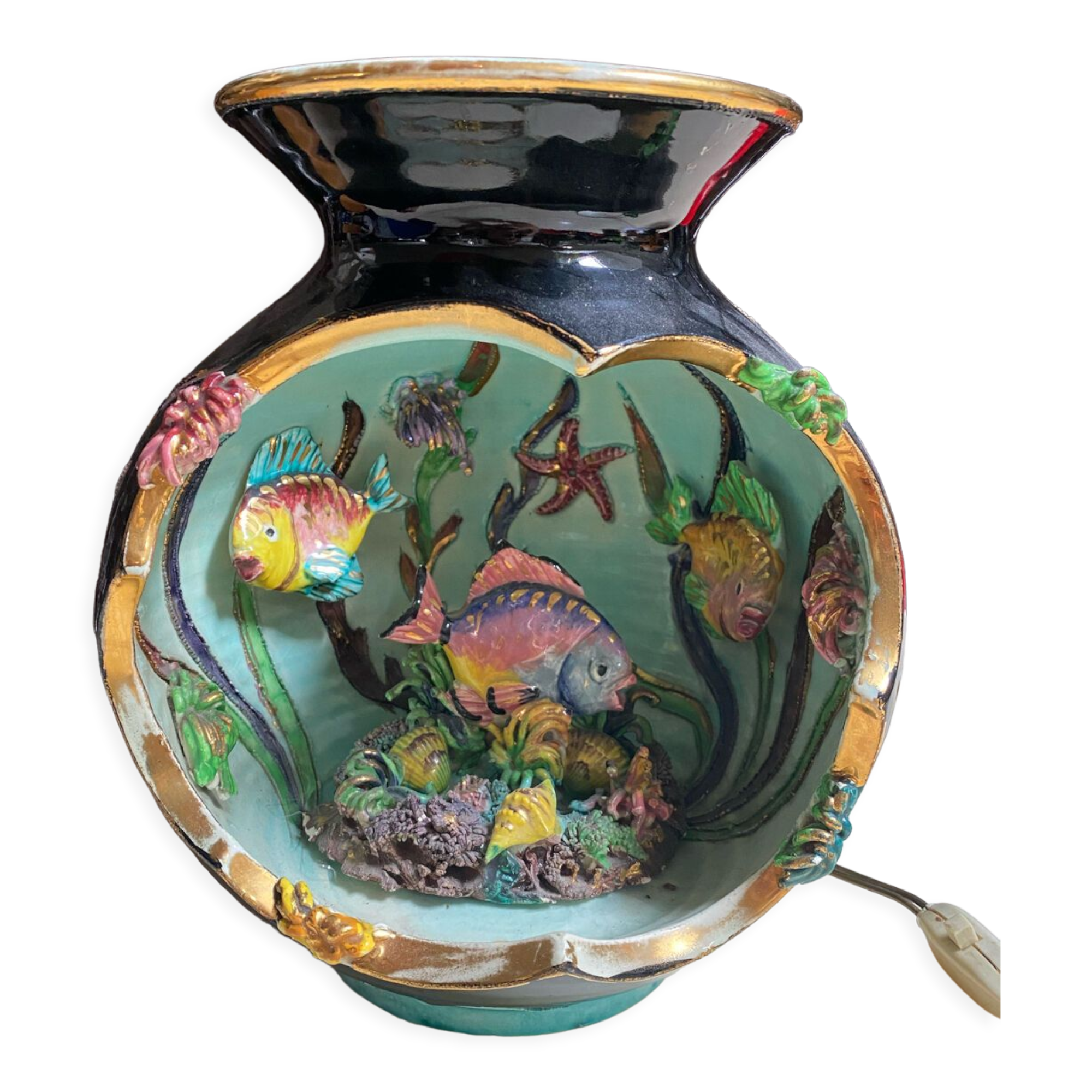 Vintage Vallauris aquarium fish table lamp