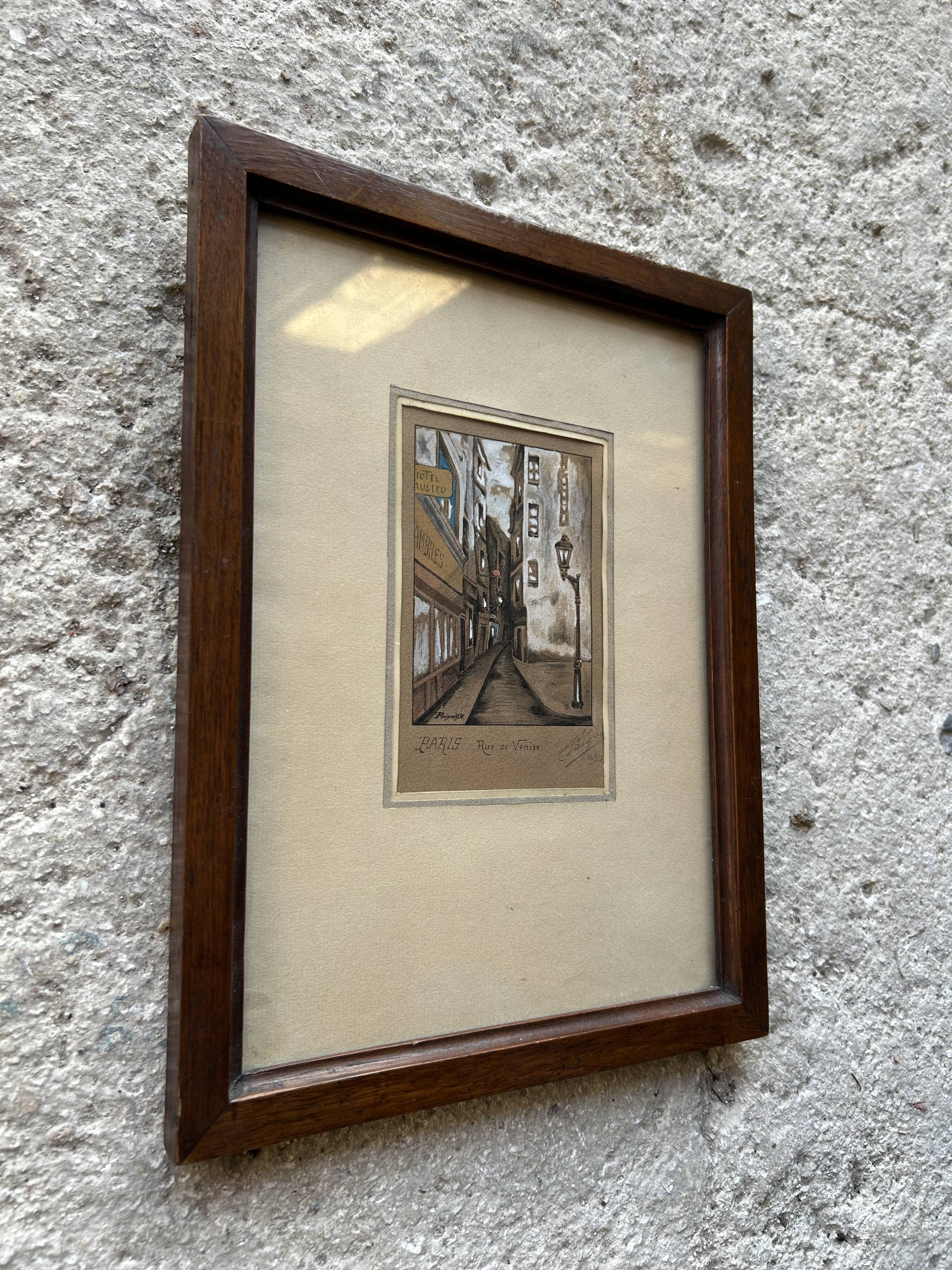 Antique illustration of Paris, signed and dated 1934