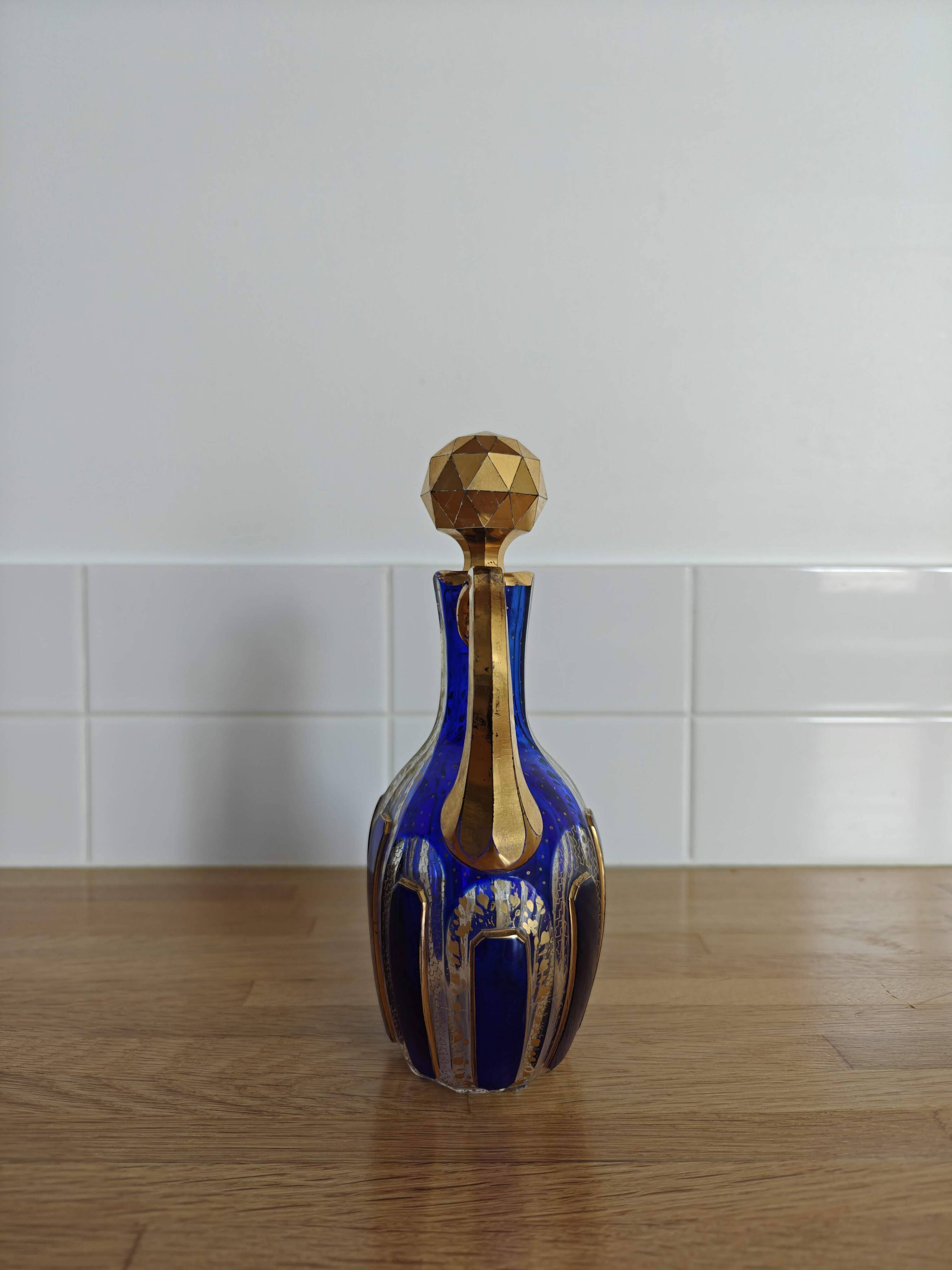 Vintage Moser style carafe / flask, cobalt blue and gold.