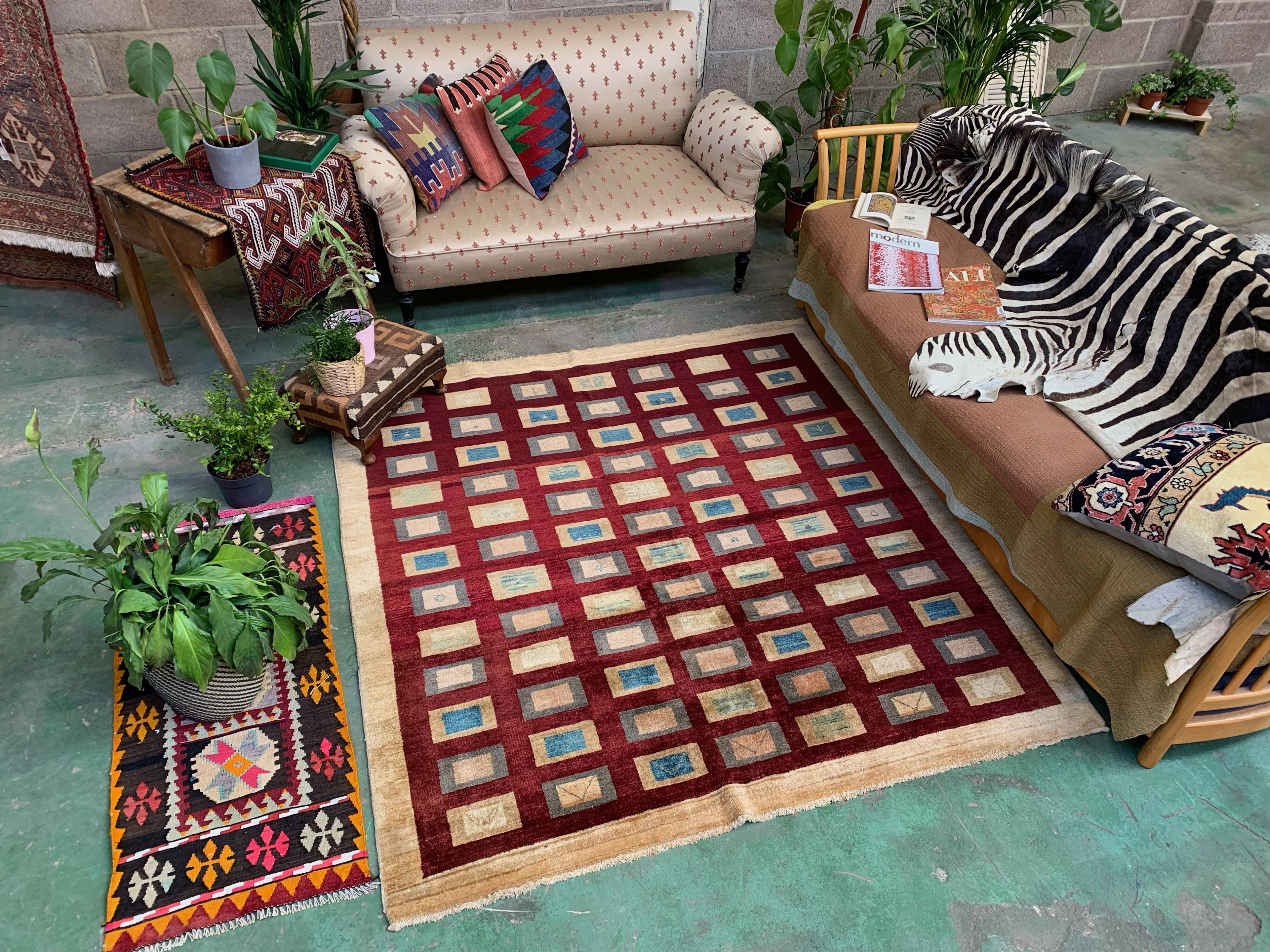 Afghan chobi art deco rug 183x173 cm, square tribal handmade,wool, beige