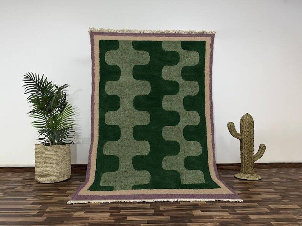 Tapis vert ondulé en laine Beni Ourain, 150/250cm