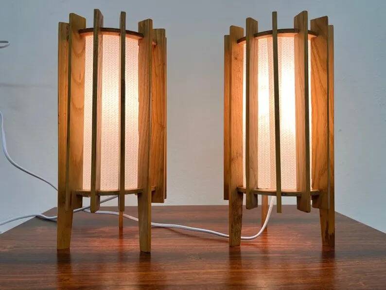 Ib fabiansen wooden space age table lamps by fog and mørup - denmark - 1960s