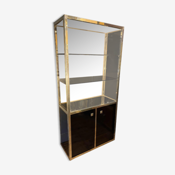 Hollywood Regency style bookcase shelf, gilded brass and black lacquered wood, 1970