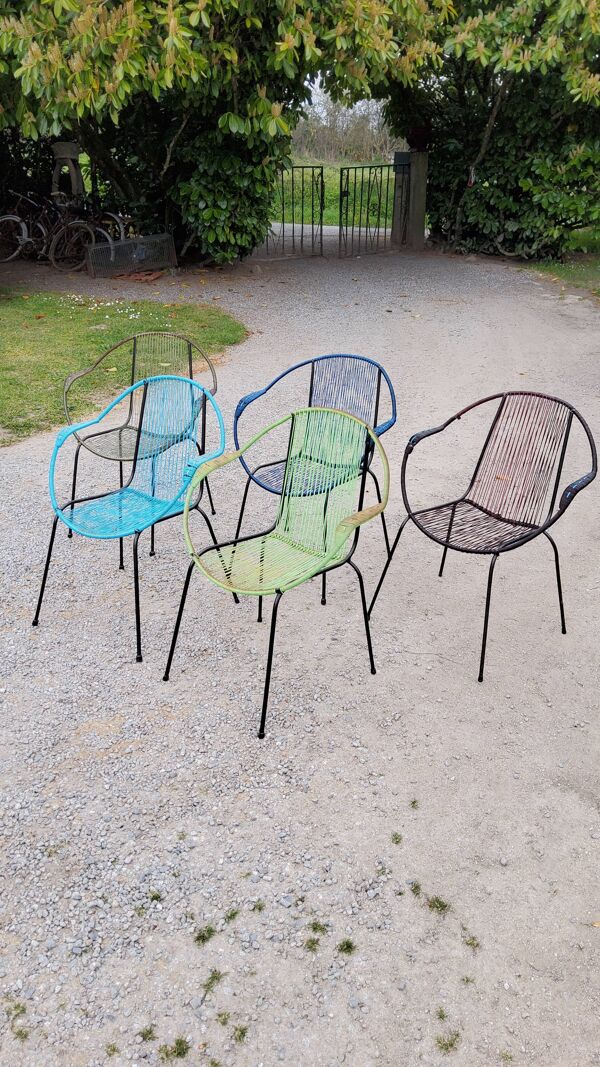 Set de 5 fauteuils en fer et scoubidou des années 50/60