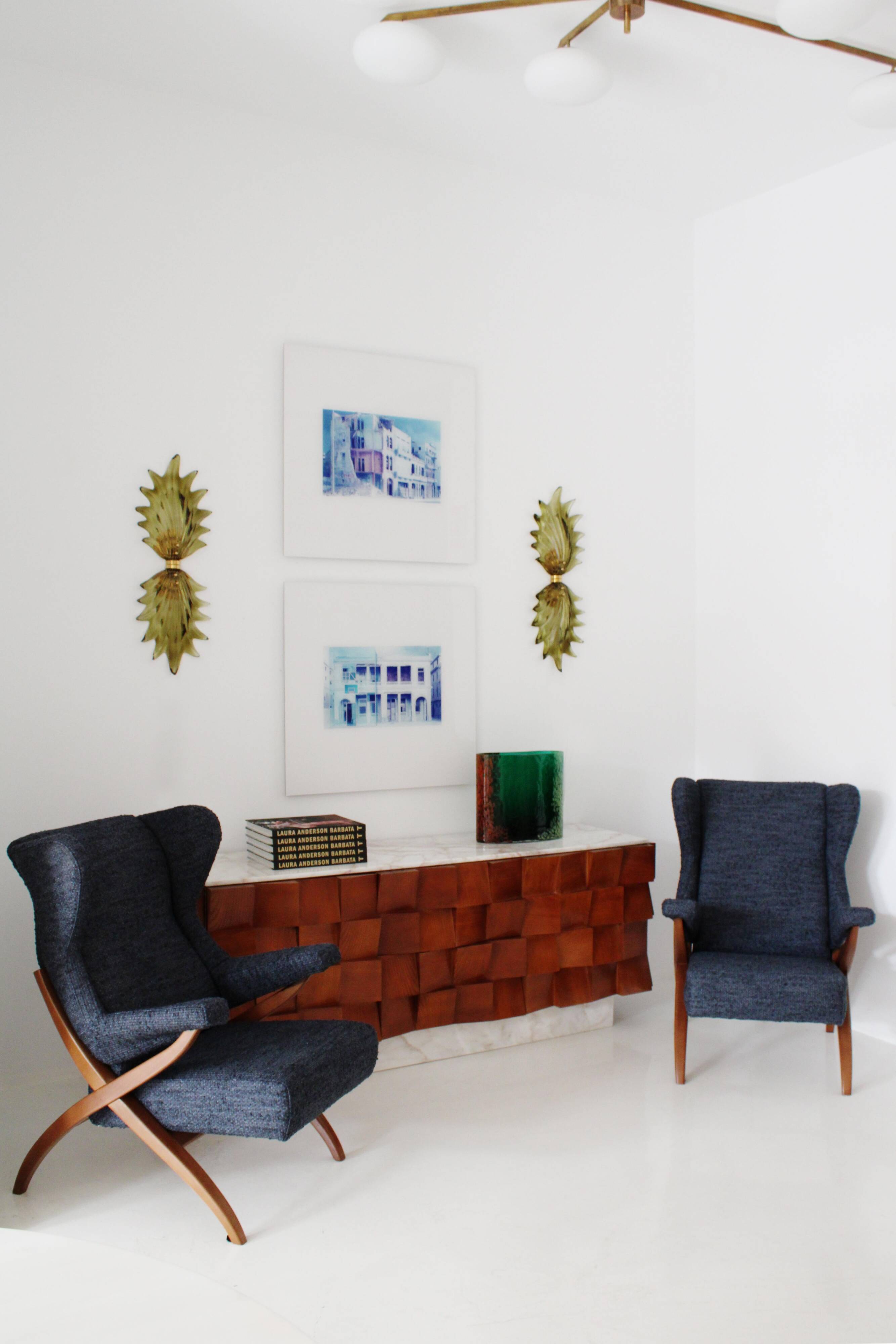 Brutalist Style Sideboard In Solid Wood and Siena Marble