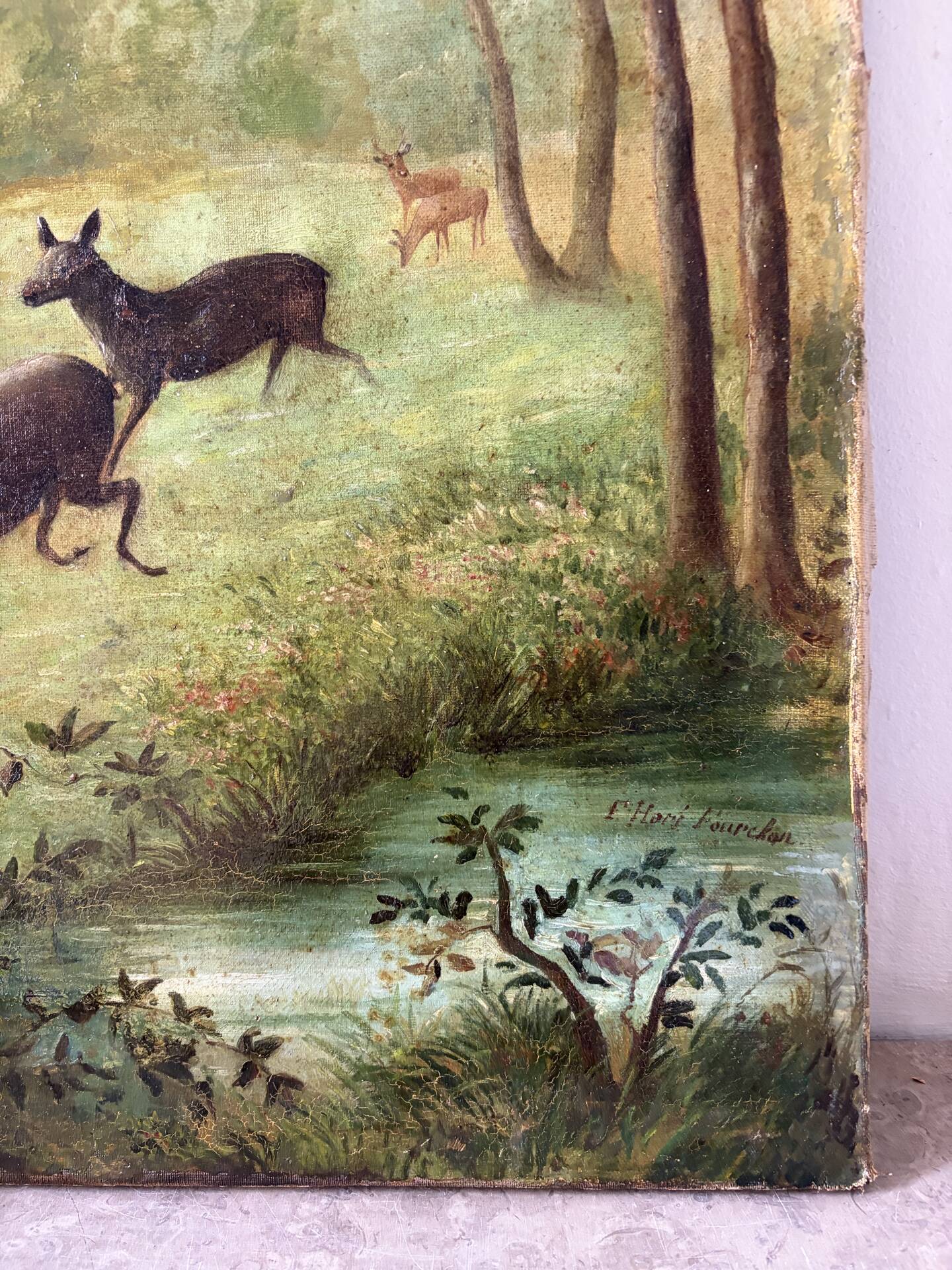 Clearing with five deer, oil on canvas signed F Hari Fourchon