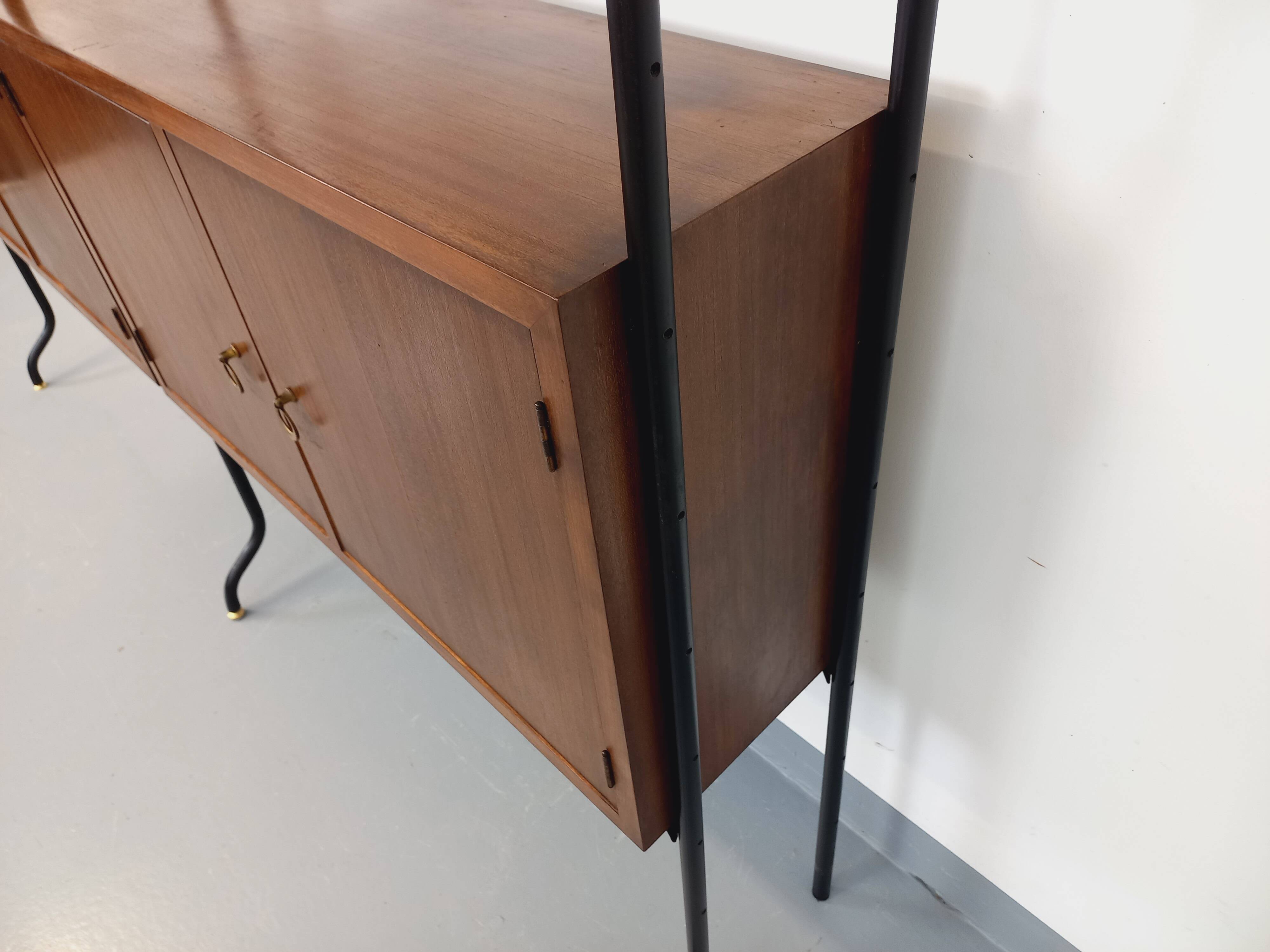 Vintage Italian double modular bookcase in wood and metal