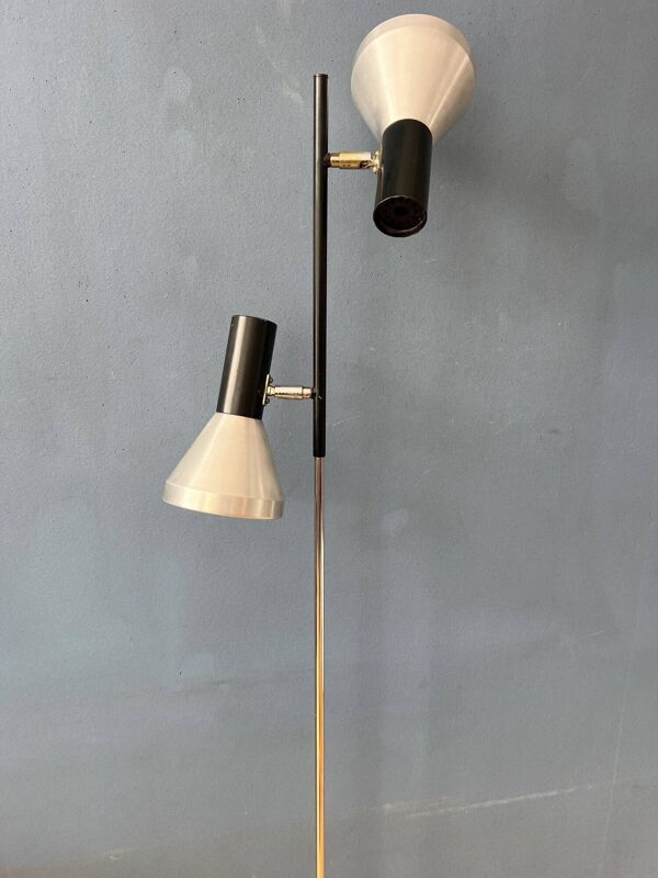 Lampadaire vintage noir du milieu du siècle avec deux spots en aluminium
