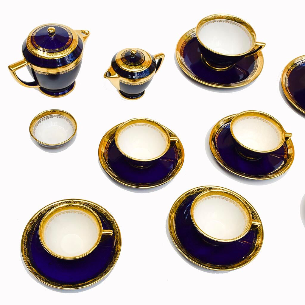 Coffee service Kréma Lafitte Asnières porcelain gold blue ⋆ Brocante Chic
