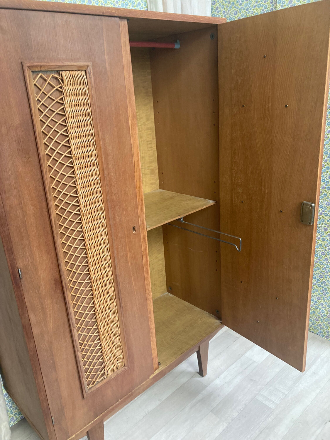 Vintage wood and rattan cabinet