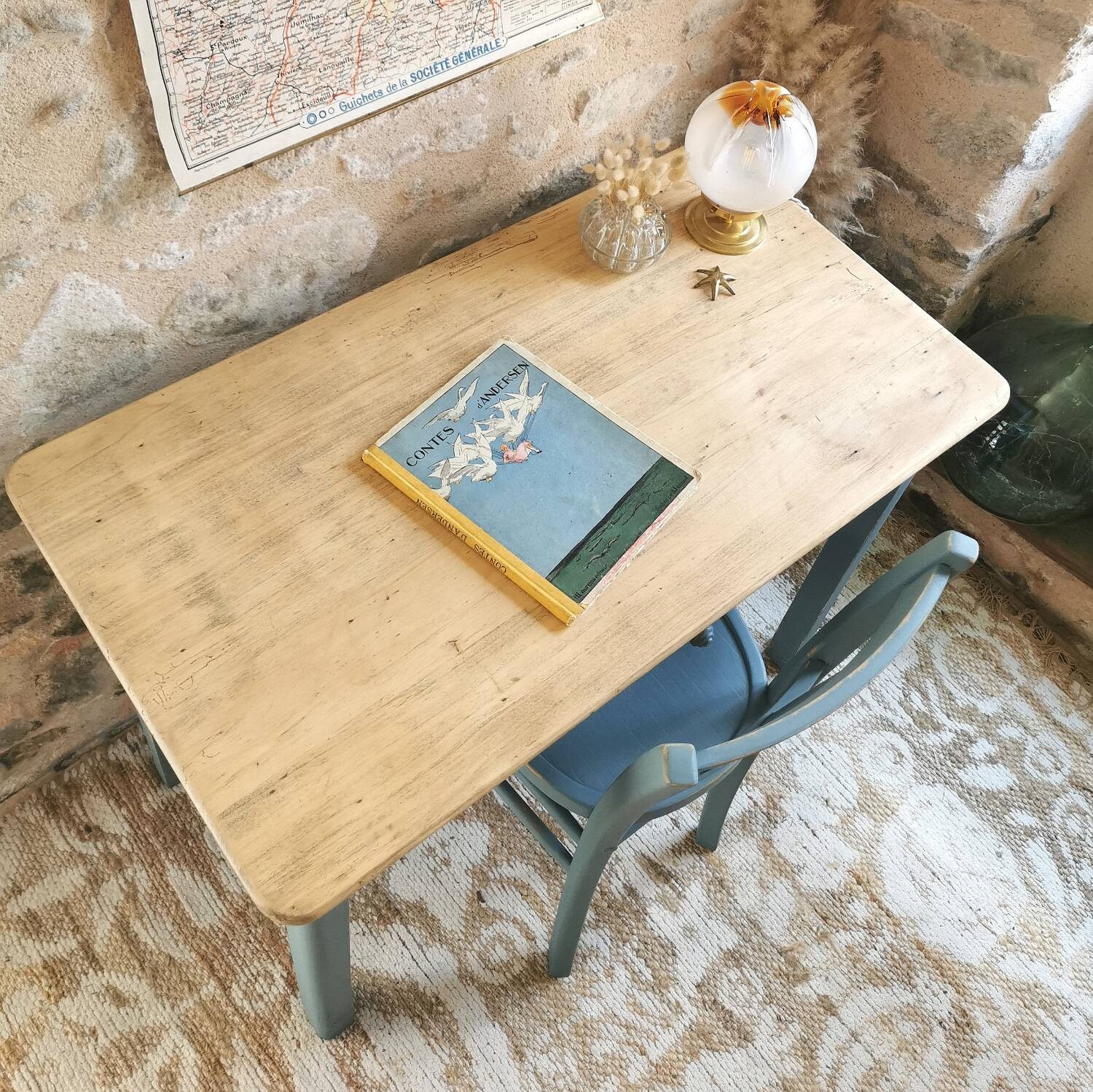 Blue patinated desk and chair