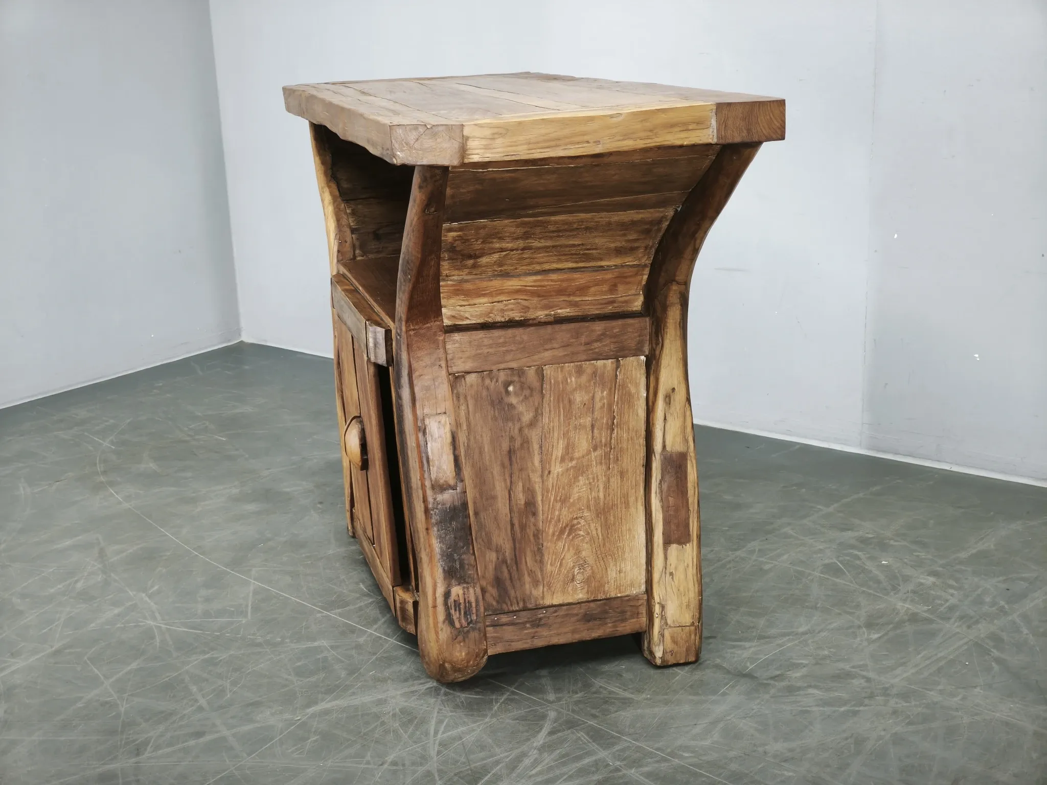 1970s Asian Rustic Solid Wood Console Table, Hand-Carved Primitive Sideboar