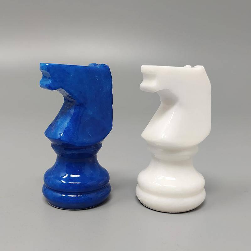 1970s gorgeous sky blue and white chess set in Volterra alabaster handmade. Made in Italy
