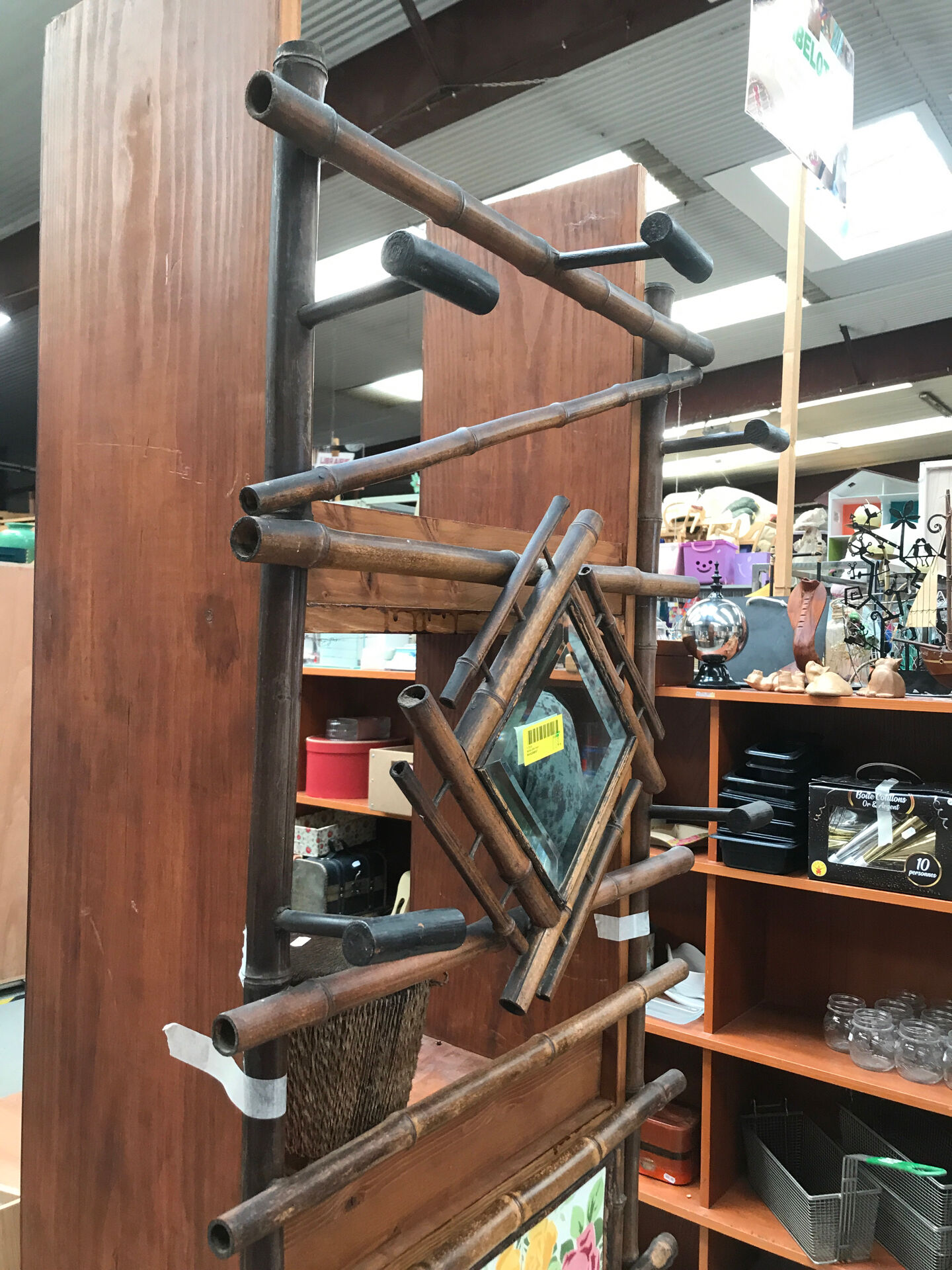 Bamboo coat rack and 1950s mirror
