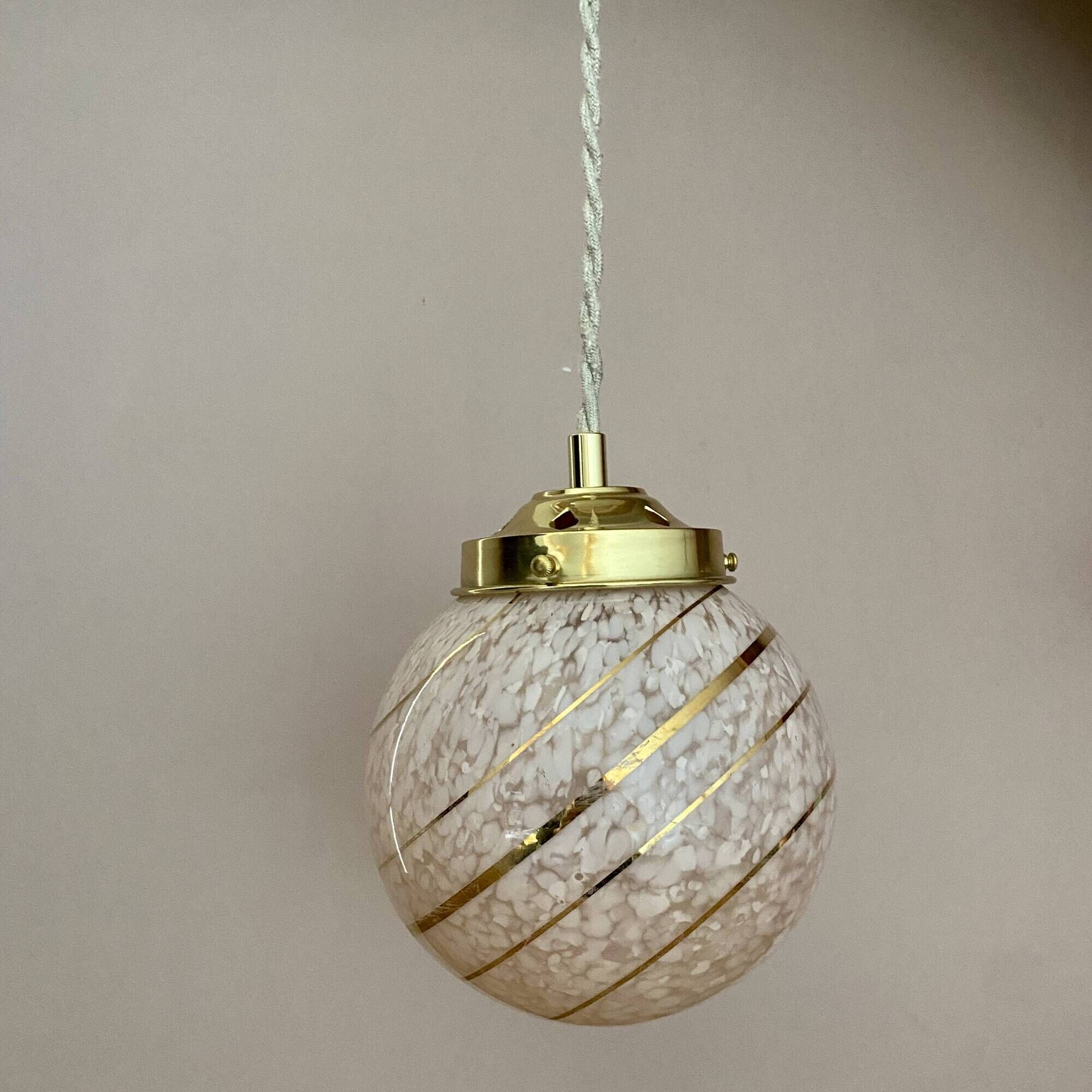 Vintage art deco globe pendant light in pink and gold Clichy glass