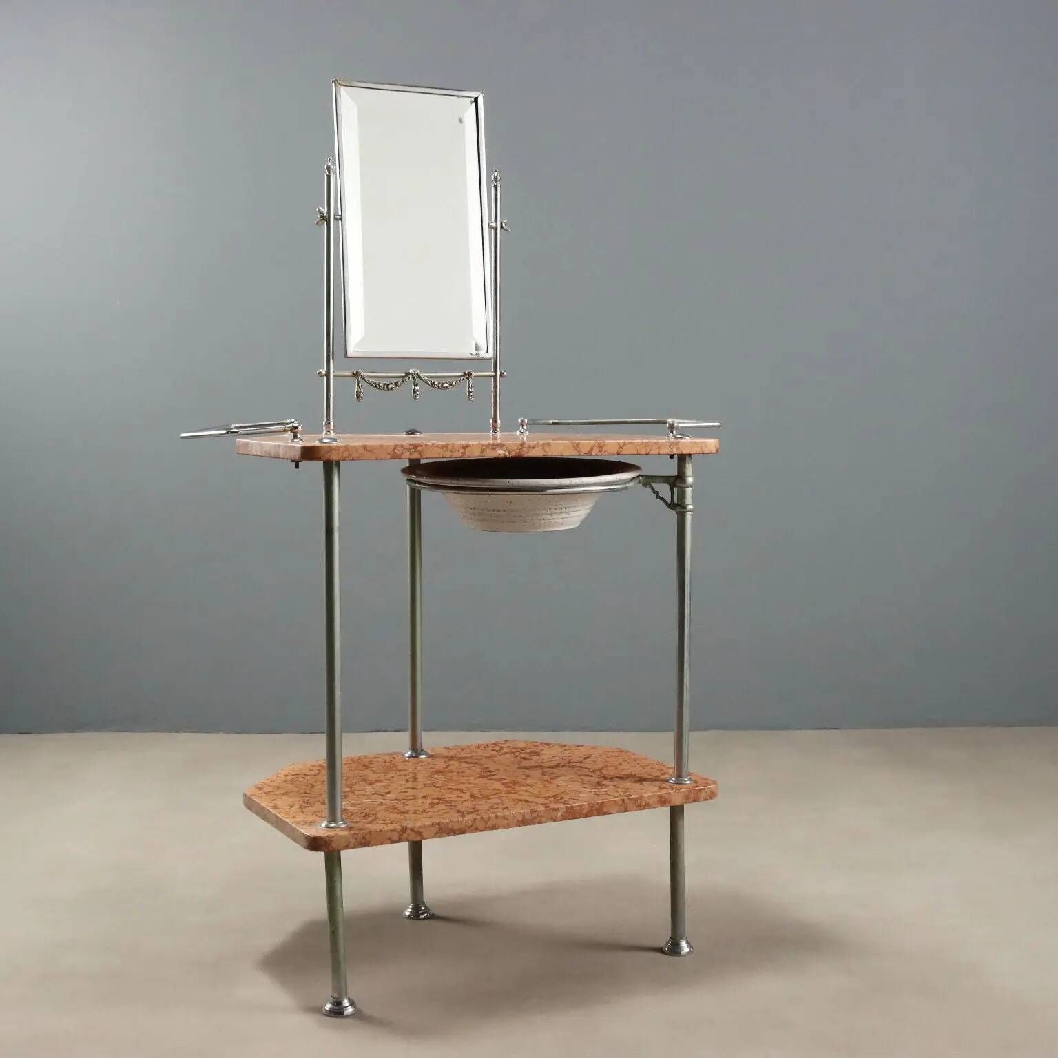 Antique metal and marble dressing table with mirror, Italy, 20th century.