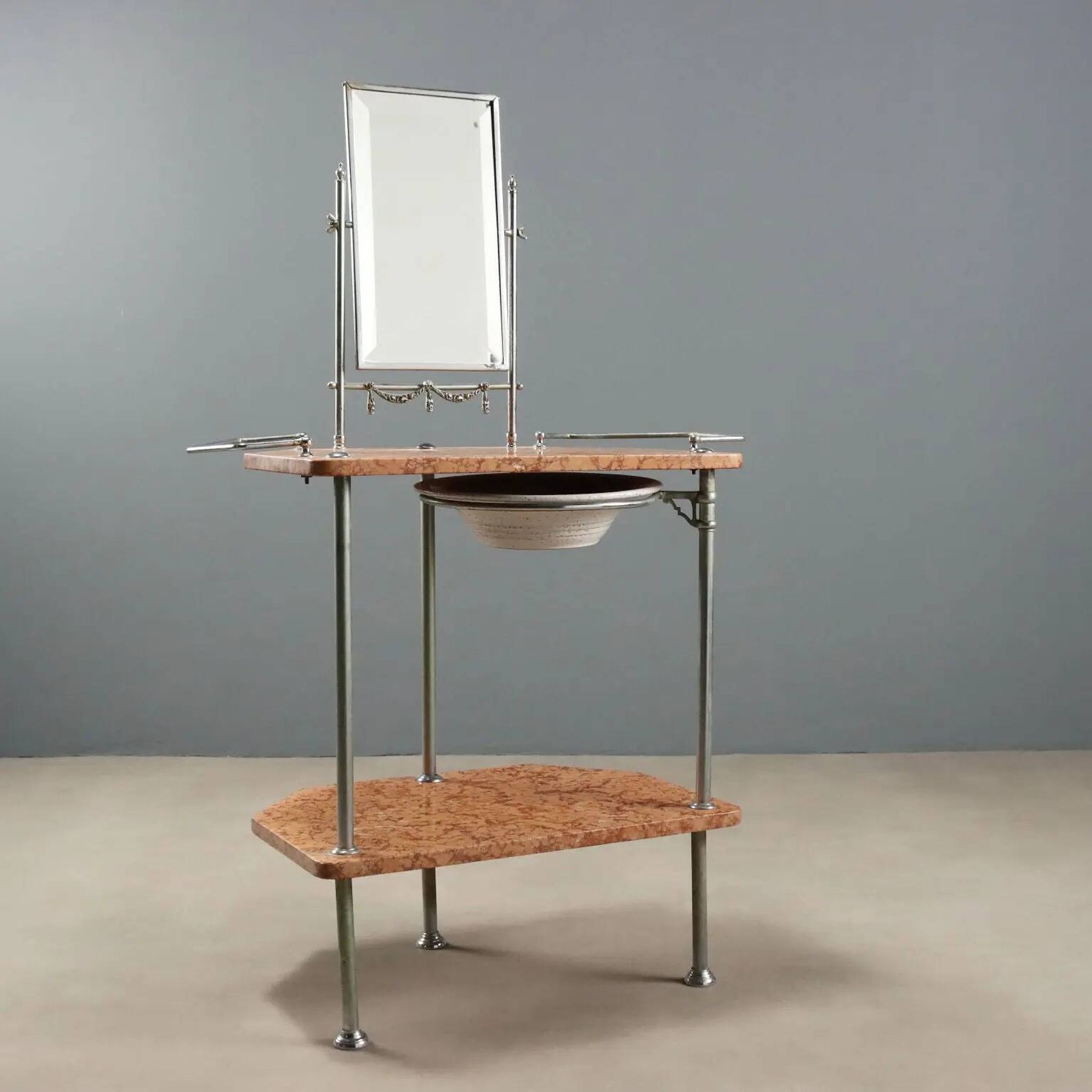 Coiffeuse ancienne en métal et marbre avec miroir, Italie, XXe siècle