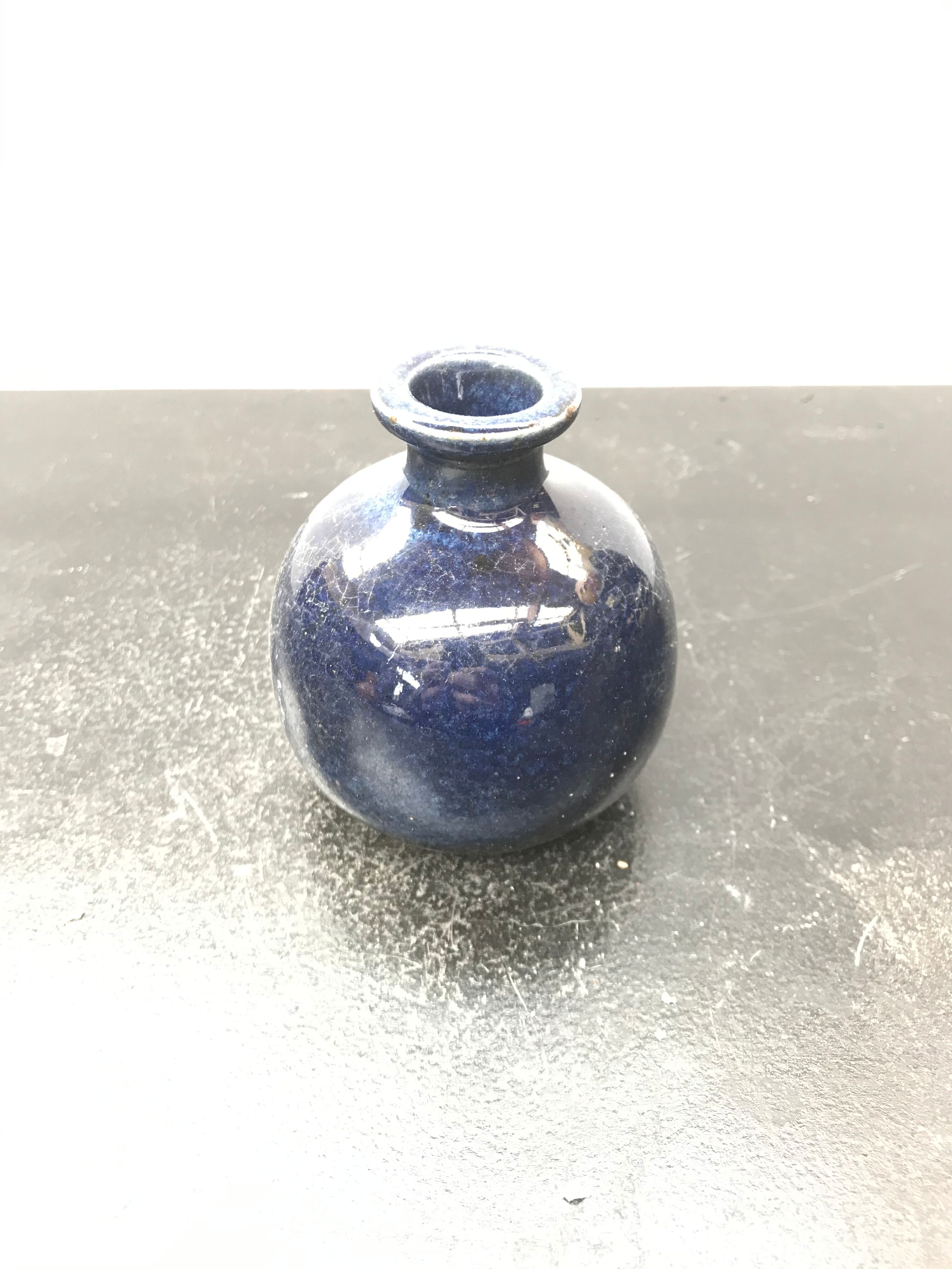 Ancien vase Le Cep boule grès émaillé bleu années 70 vintage