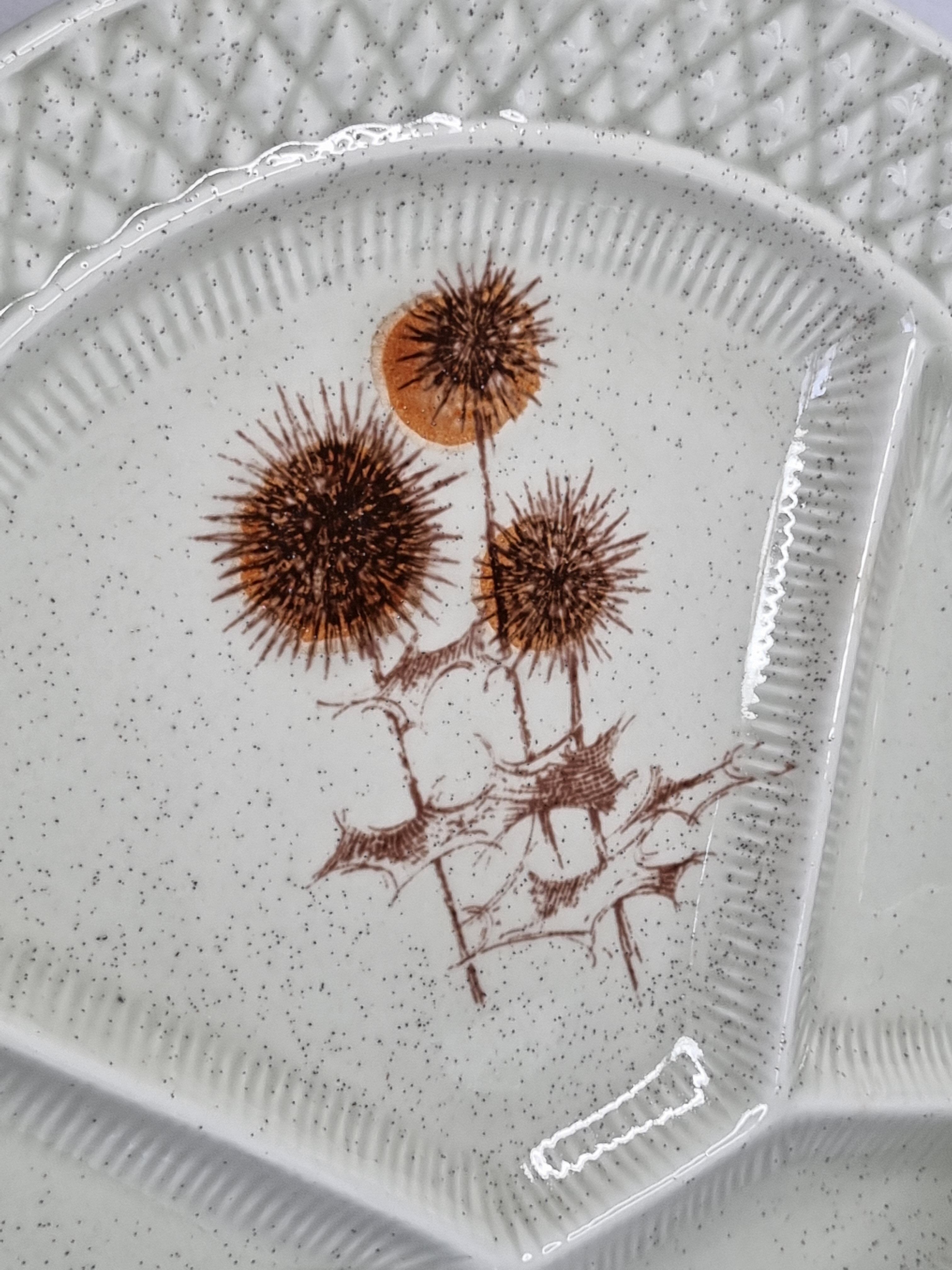 Ensemble de six assiettes à compartiment en grès, Sarreguemines, à décor de chardons