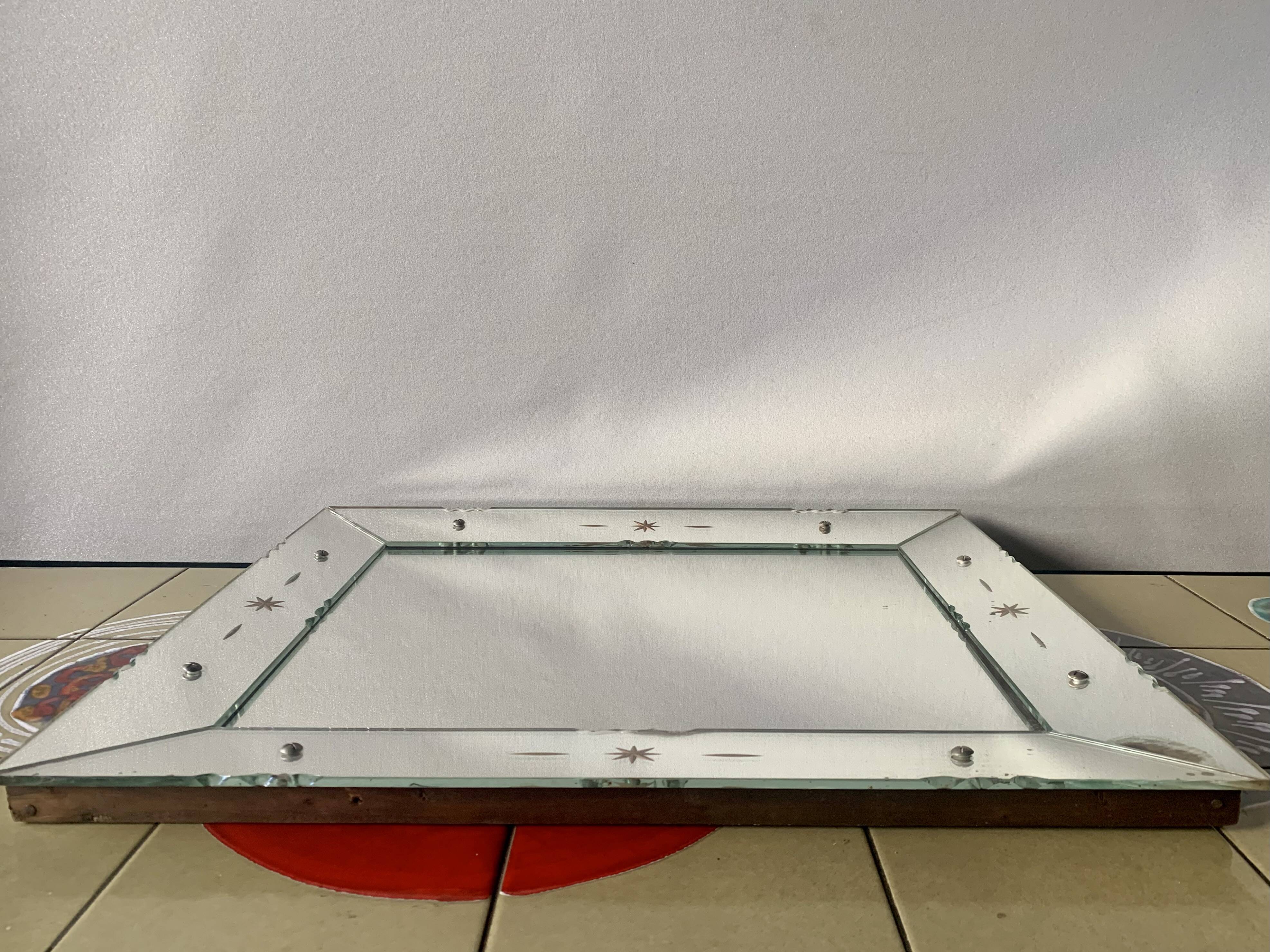 Rectangular Art Deco wall mirror inlaid and chiseled on wood