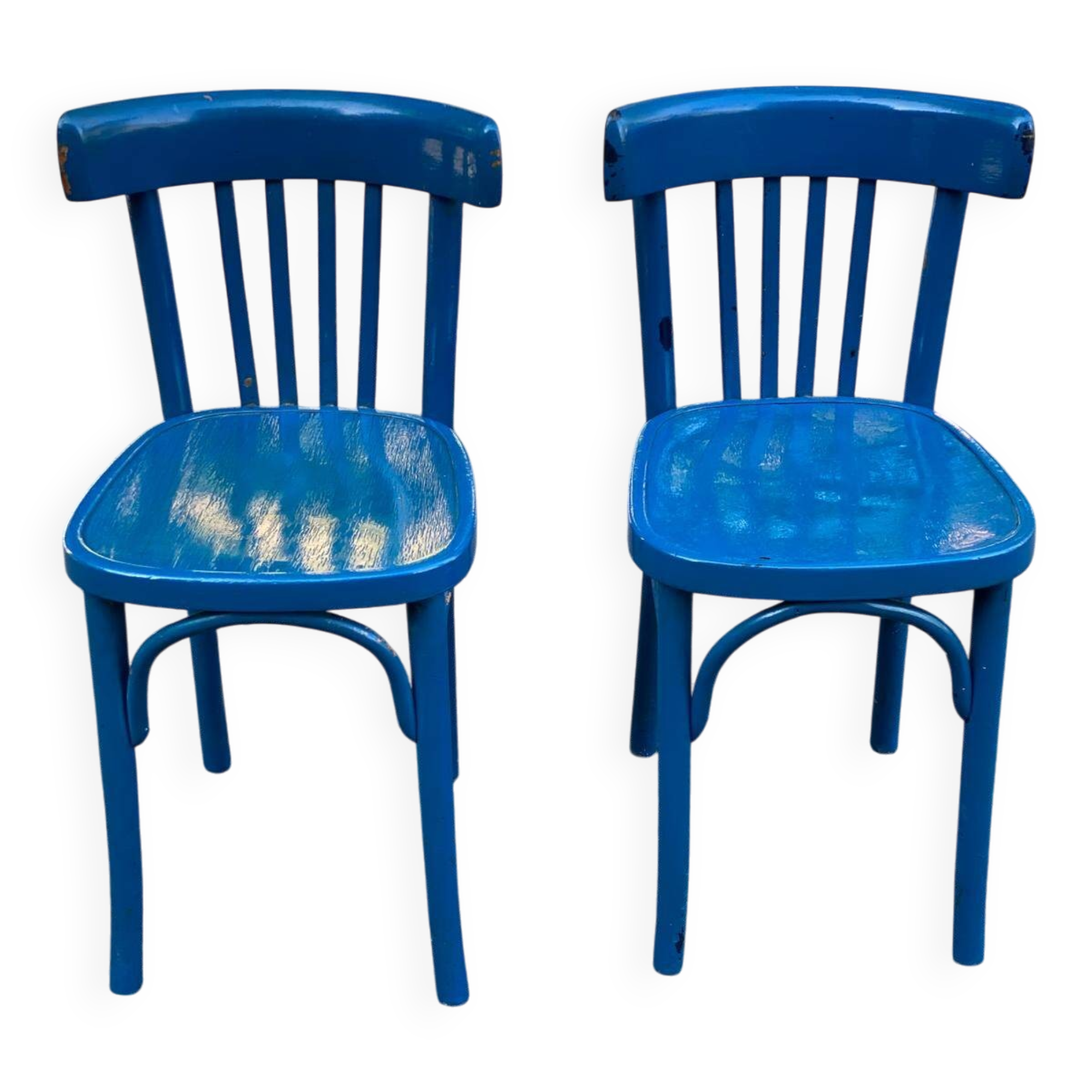 2 blue bistro chairs in curved solid wood