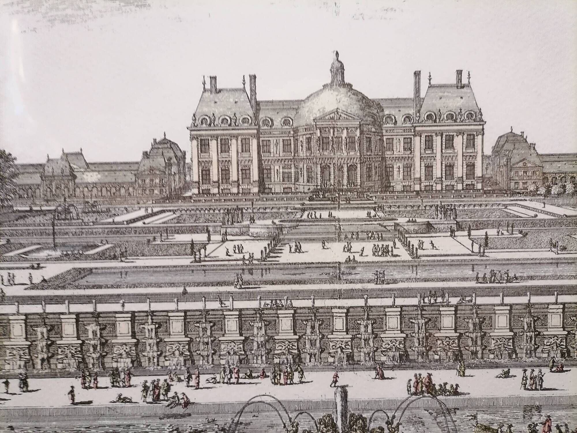Gravure ancienne architecture et jardin