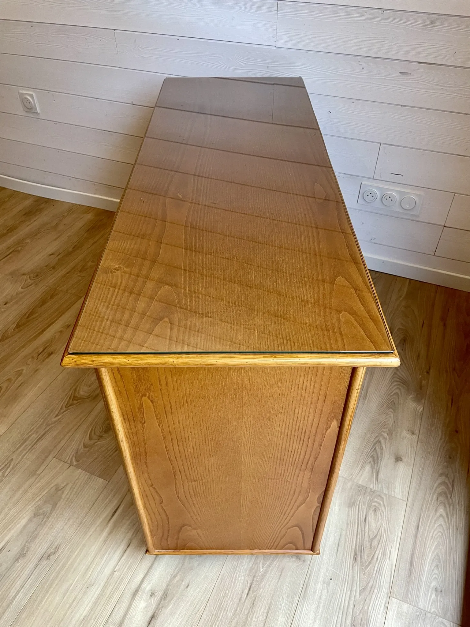 Cane work desk / Rattan glass top 9 drawers shallow depth