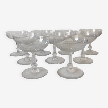 Set of 9 antique champagne glasses in engraved glass
