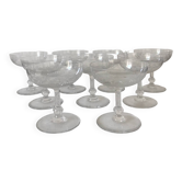 Set of 9 antique champagne glasses in engraved glass
