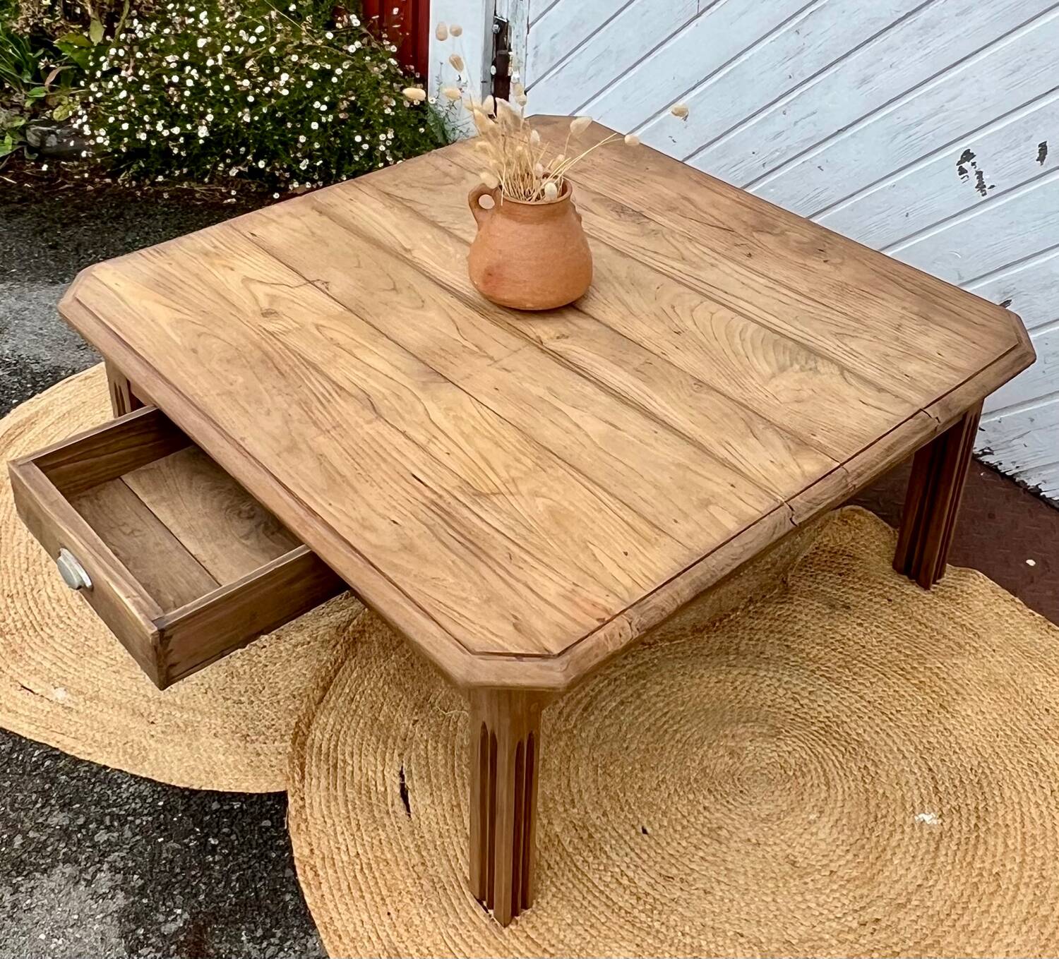 Large antique square coffee table with 1 drawer in solid raw wood
