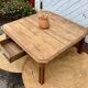 Large antique square coffee table with 1 drawer in solid raw wood