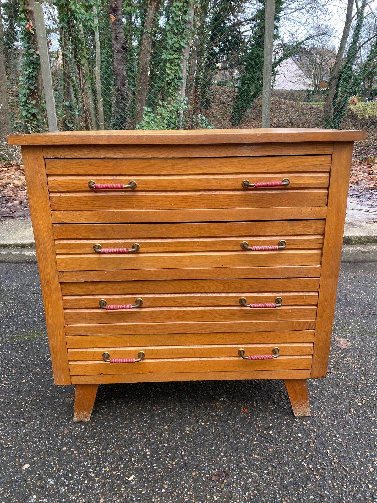 Scandinavian chest of drawers with compass legs, oak, 1950