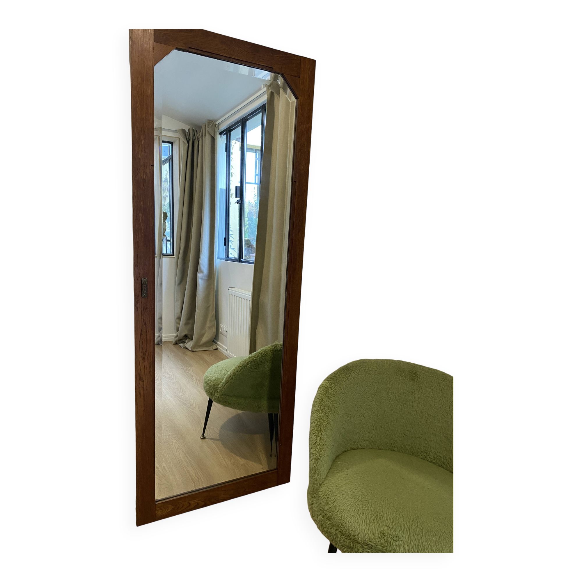 Large vintage Art Deco bizote mirror to place or hang, solid wood frame