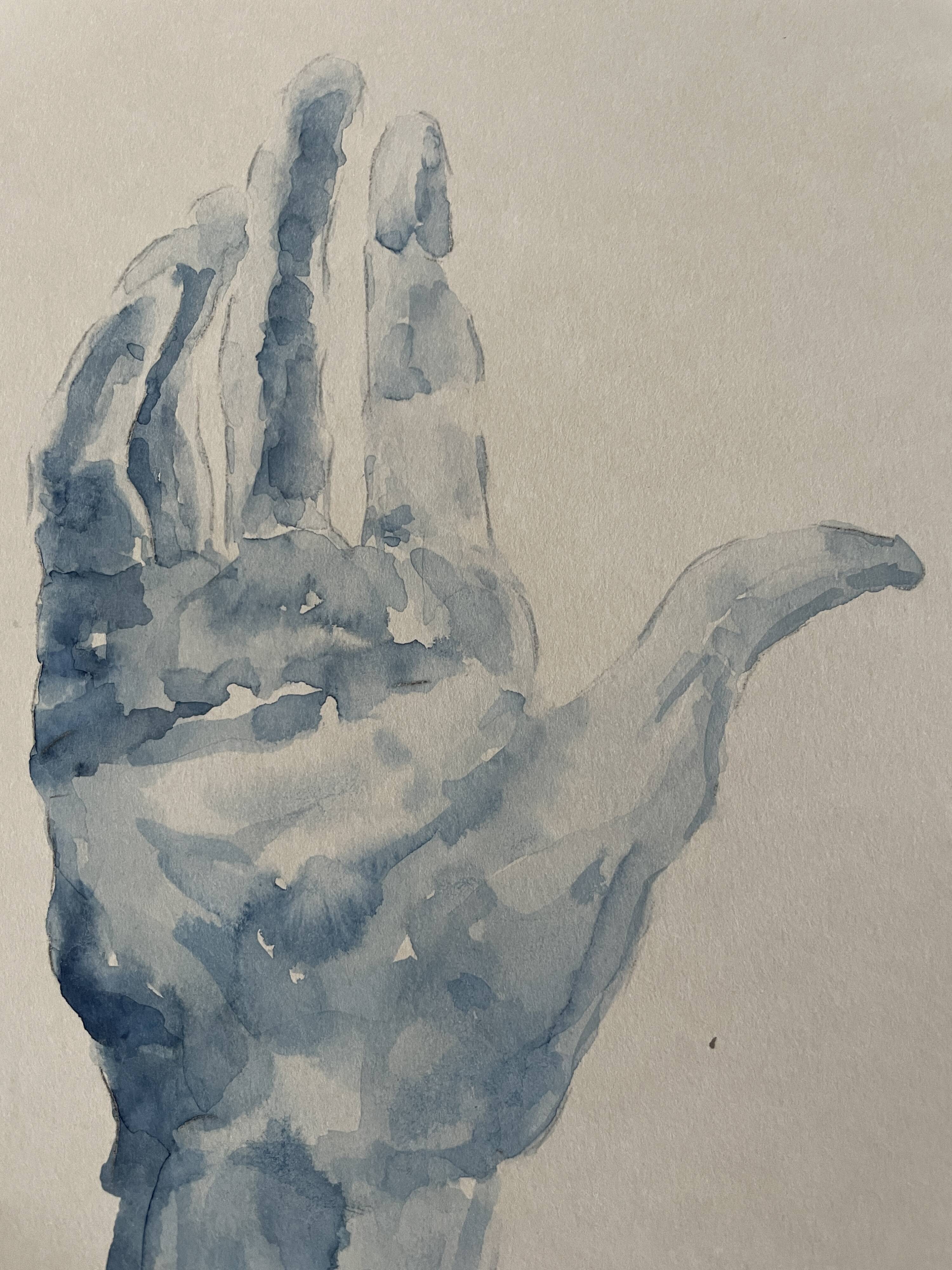 Painting signed blue monochrome watercolor study of the statue of Rodin “the hand reveals the man”