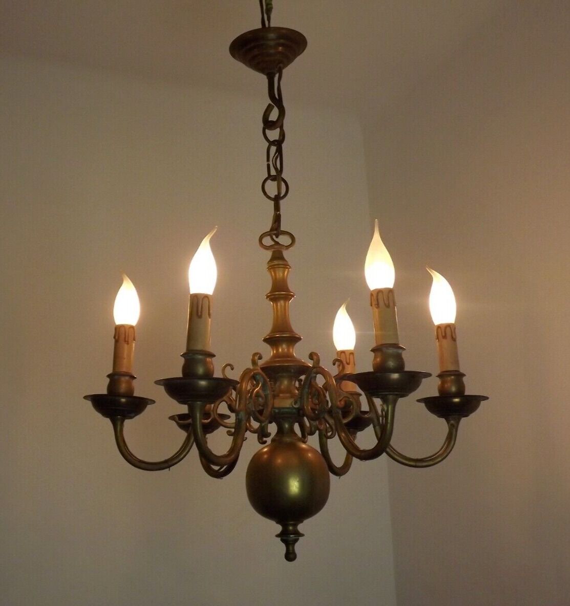 Vintage French 6 Light Heavy Brass Flemish Style Chandelier Card Drips 4050