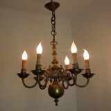 Vintage French 6 Light Heavy Brass Flemish Style Chandelier Card Drips 4050