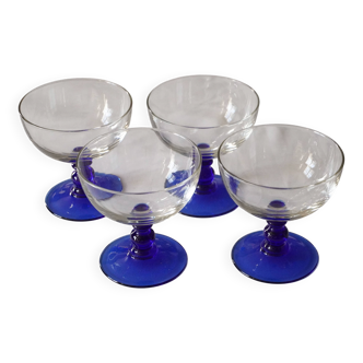 Set of 4 glass (ice cream) bowls, blue stem, Codec